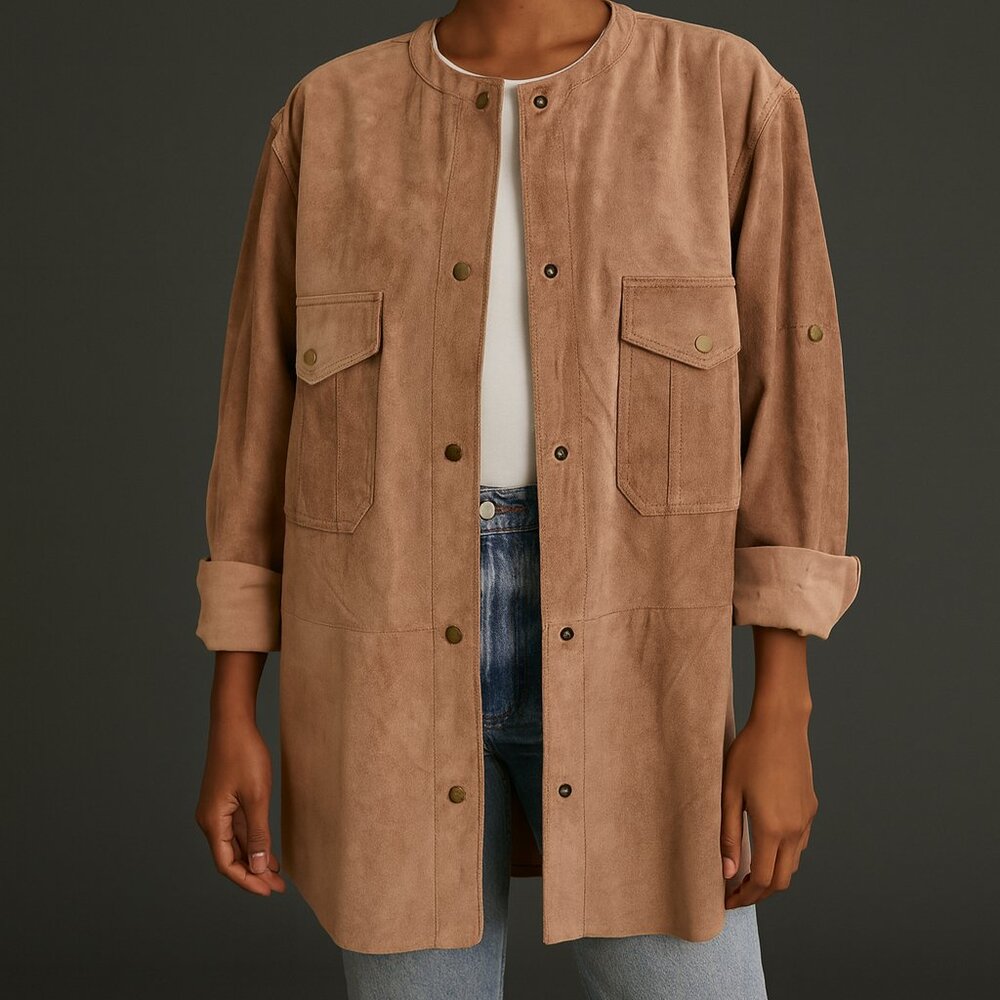 Vintage Tan Brown Leather Utility Jacket M/L Snap Front Shacket 100% Leather - Picture 8 of 12